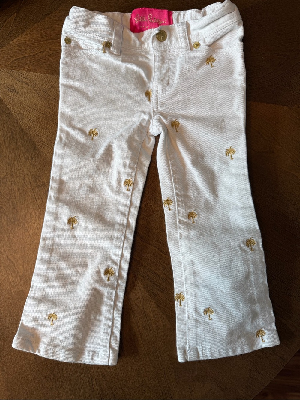 Lilly Pulitzer White Jeans with Gold Palm Embroidery and Pink Tag